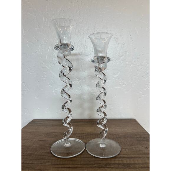 Elegant Clear Glass Spiral Candle Holders Pair – Twisted Design – 10” & 11” - Picture 7 of 10